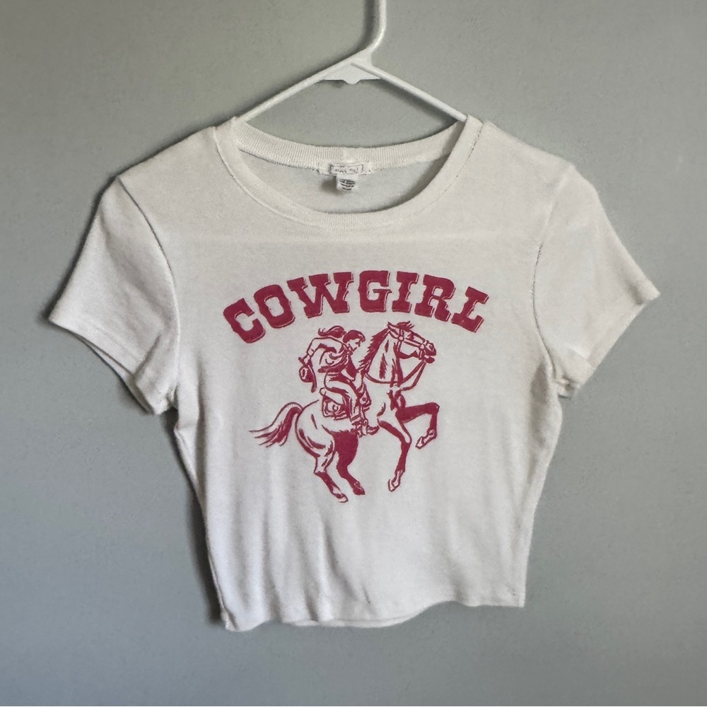White Crop Top with Pink Cowgirl Graphic